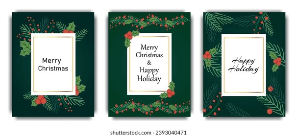 Christmas posters. Designer layouts for Christmas. Posters with spruce branches and holly berries with congratulatory inscriptions, on a dark green background. Vector illustration.