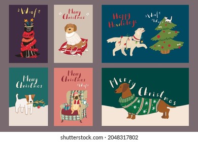 Christmas posters with dogs vector set