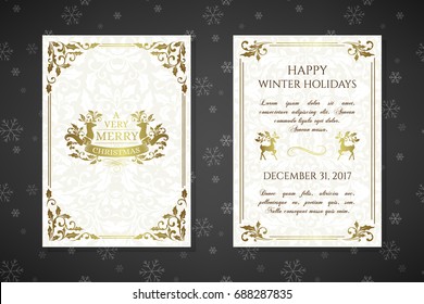 Christmas posters with golden emblems and decorations on the ornamental background.