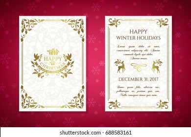 Christmas posters with golden emblems and decorations on the ornamental background.