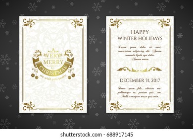 Christmas posters with golden emblems and decorations on the ornamental background.