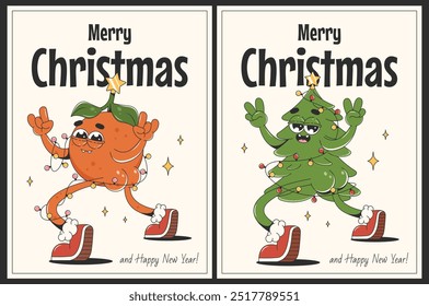 Cartazes de Natal e cartões de felicitações em estilo groovy retro. Personagens de desenhos animados bonitos - árvore de Natal e tangerina.