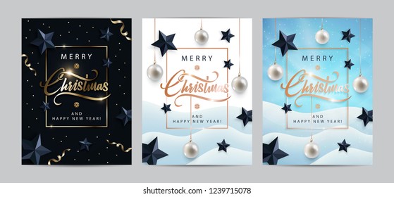 Christmas posters, invitations, cards or flyers set. Holiday banners with metallic gold lettering, black stars, christmas balls, snow, tinsel and confetti. Winter festive decoration. Vector eps10