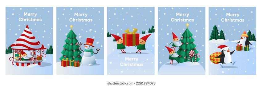Afiches de Navidad listos. Colección de elementos gráficos para el sitio web. Hombre de nieve y elfos con regalos en carrusel. Vacaciones de invierno y Año Nuevo. Ilustraciones de caricaturas de vectores planos aisladas en fondo blanco