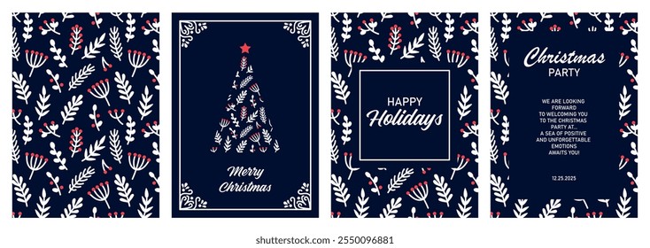 Christmas posters set. Collection of luxury Christmas cards in business style. Corporate invitation posters, greeting banners on dark blue background. Merry Christmas and Happy New Year.Christmas tree