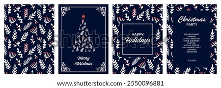Christmas posters set. Collection of luxury Christmas cards in business style. Corporate invitation posters, greeting banners on dark blue background. Merry Christmas and Happy New Year.Christmas tree