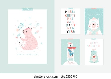 Christmas posters set with Cute Bears  celebrating Christmas eve, handwritten letterings and other elements. Funny characters. Vector illustration.