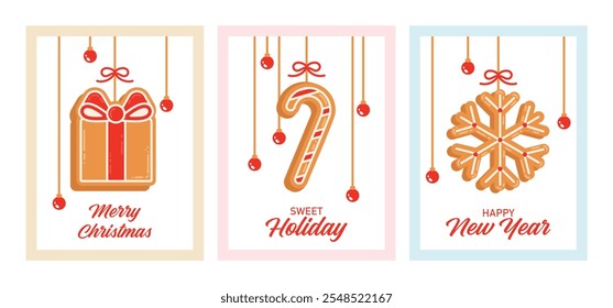 Christmas posters set with gingerbread. Christmas and New Year. Greeting cards, invitation posters with gingerbread in the shape of a lollipop, snowflake and gift box. Cards with balls and lettering