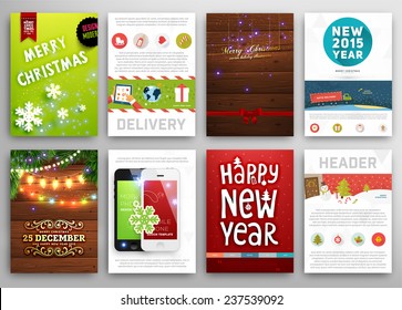 Christmas Posters Set. Christmas Lights, Wood Background. Mobile Phone Icons. Delivery Service Concept. Xmas Icons Set for Christmas Website Decorations. Labels and Tags. Vector Illustration.