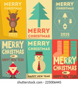 Christmas Posters Set - Merry Christmas Greeting Cards in Retro Style. Vector Illustration.