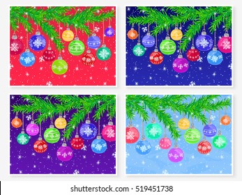 Christmas posters set. Merry Christmas. Pine tree branch on snowy background. Christmas tree balls. Watercolor effect New Year vector for printed products or winter time web design.