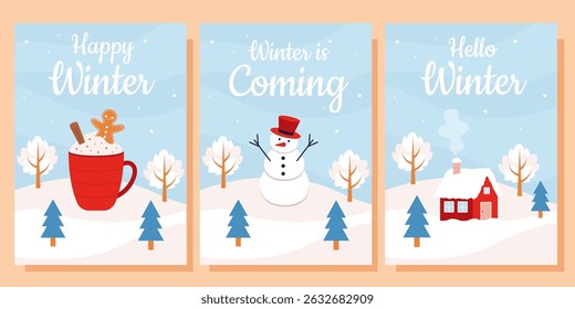 Christmas posters set. Winter landscape with snowman, house, hot chocolate. Merry christmas greeting card, party invitation, social media.