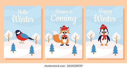 Christmas posters set. Winter landscape with bullfinch, fox, penguin. Merry christmas greeting card, party invitation, social media.
