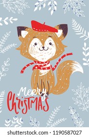Christmas Posters. Vector illustration. Template for Greeting Scrapbooking, Congratulations, Invitations, Stickers, Planners and cards. Cute fox in hat and scarf.
