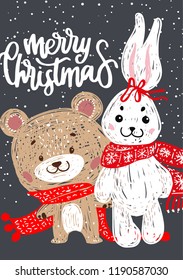 Christmas Posters. Vector illustration. Template for Greeting Scrapbooking, Congratulations, Invitations, Stickers, Planners and cards. Bear and bunny with scarf.