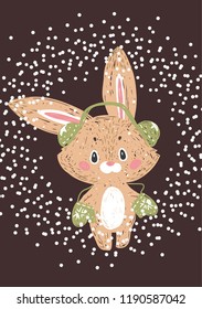 Christmas Posters. Vector illustration. Template for Greeting Scrapbooking, Congratulations, Invitations, Stickers, Planners and cards. Cheerful bunny in winter clothes.