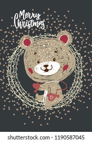 Christmas Posters. Vector illustration. Template for Greeting Scrapbooking, Congratulations, Invitations, Stickers, Planners and cards. Happy bear in gloves at wreath.