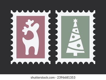 Christmas Postmarks Postage Stamp for Envelope Letter to Santa Claus with Reindeer and Christmas Tree