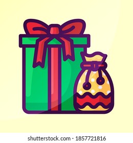 Christmas pouch and gift box vector element. Christmas cartoon illustration.