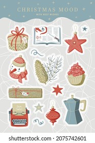 Weihnachtsaufkleber mit Geschenken, Geschichten, Cupcakes, Schneemann, Kiefernkegel, Schreibmaschine, Kaffeekanne und Spielzeug mit Beschneidungspfad