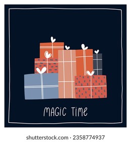 Tarjeta prehecha de Navidad con ____. Tarjeta de invitación de vacaciones, afiche, pancarta, postal, embalaje, tarjeta de saludo, impresión. Ilustración vectorial. Diseño vectorial vintage dibujado a mano. EPS 10.