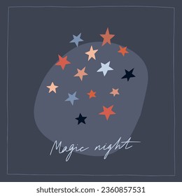 Christmas premade card with abstract stars on the sky. Holidays invitation card, poster, banner,  postcard, packaging, greeting card, print. Vector illustration. Hand drawn vintage vector design.