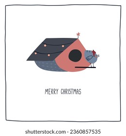 Christmas premade card with cute bird and bird house and lettering wishes. Holidays invitation card, poster, banner,  postcard, packaging, greeting card, print. Hand drawn vintage vector design.