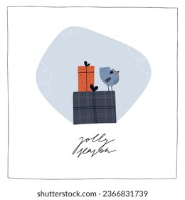 Christmas premade card with pile of gift boxes with bird. Holidays invitation card, poster, banner,  postcard, packaging, greeting card, print. Vector illustration. Hand drawn vintage vector design. 