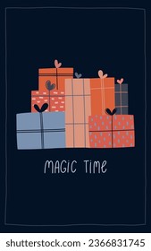 Christmas premade card with pile of gift boxes. Holidays invitation card, poster, banner,  postcard, packaging, greeting card, print. Vector illustration. Hand drawn vintage vector design. 