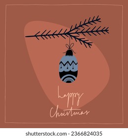 Christmas premade card with pine branch and toy. Holidays invitation postcard, poster, banner,  postcard, packaging, greeting card, print. Vector illustration. Hand drawn vintage vector design. EPS 10