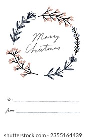 Christmas premade card with wreath and lettering. Holidays invitation card, poster, banner,  postcard, packaging, greeting card, print. Vector illustration. Hand drawn vintage vector design. EPS 10.