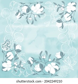 Christmas pre-made design  with cones, mistletoe, eucalyptus branch and cotton on blue watercolor background. Can be greeting card, invitation, design element.  Vector composition with place for text.