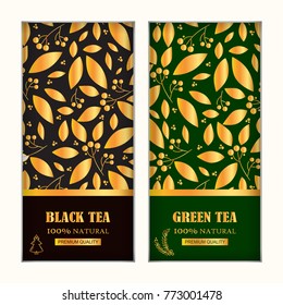Christmas premium collection of golden vector arts for tea packages, labels or stickers. Background for black and green tea. Herbal, branches and leaves illustration, simple flat style