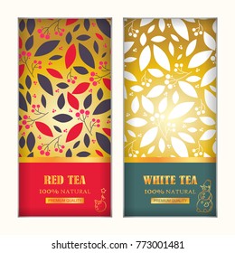 Christmas premium collection of golden vector arts for tea packages, labels or stickers. Background for red and white tea. Herbal, branches and leaves illustration, simple flat style