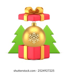 Christmas premium present golden ball toy in red festive pack 3d icon realistic vector illustration. Xmas New Year luxury gift box bauble with green spruce winter holiday festive composition