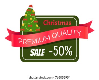 Christmas premium quality sale 50 % off gift card design with decorated New Year tree topped by Santa's hat vector illustration isolated on white