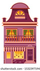 Christmas preparation of buildings exterior vector. Facade of house with balcony and windows, entrance and garlands decoration. Vintage style of construction, city or town infrastructure illustration