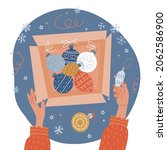 Christmas preparation - opening old cardboard box with vintage xmas tree balls. Top view concept with two female hands holding baubles. Vector flat hand drawn illustration