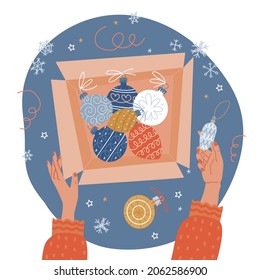 Christmas preparation - opening old cardboard box with vintage xmas tree balls. Top view concept with two female hands holding baubles. Vector flat hand drawn illustration