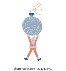 Christmas preparation. Santa Claus holding huge bauble for xmas tree decoration, Saint nicholas with toy for spruce. Freehand isolated element. Vector flat Illustration. Only 5 colors, Easy to recolor