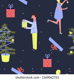 Christmas preparation. Seamless pattern with a young blond woman decoratind a christmas tree and a man holding christmas gift. Design for invitations, wrapping paper, cards - Vector