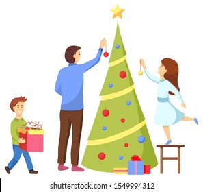 Christmas preparation vector, isolated father with kids decorating pine tree with baubles and stars. Dad with daughter and son. Family adorning spruce for winter holidays celebration flat style