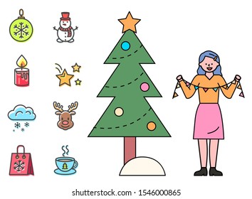 Christmas preparation vector, isolated set of xmas icons in flat style. Woman with garland by fir. Bauble with snowflake ornament, snowman and candle with fire. Stars and deer image, cup of hot tea