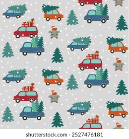 Christmas preparations, lots of trucks and cars, pattern