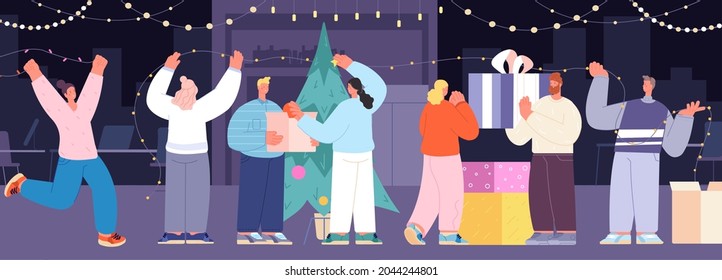 Christmas prepare. Office people decorate xmas tree, friends on new year party together. Happy women men with gifts, holidays utter vector scene