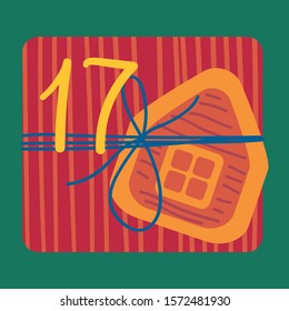 Christmas present from above flat vector illustration. Wrapped gift box with gingerbread cookie