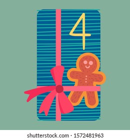 Christmas present from above flat vector illustration. Wrapped gift box with gingerbread cookie