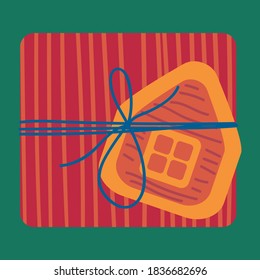 Christmas present from above flat vector illustration. Wrapped gift box with gingerbread cookie