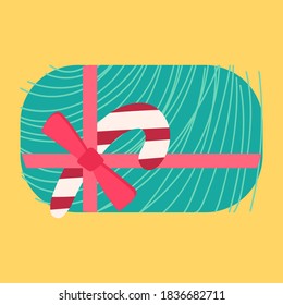 Christmas present from above flat vector illustration. Wrapped gift box with candy cane