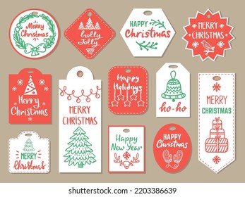 Christmas present badges collection. Xmas tags for gift boxes with fir tree and doodle holiday winter elements. Decorative cards neoteric vector design